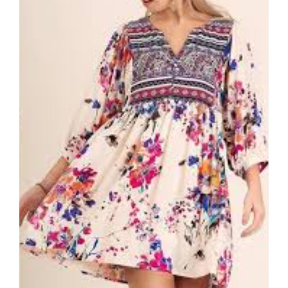 Umgee Babydoll Peasant Tunic Top Dress Long Boho Cottagecore Festival Sz S Mixed